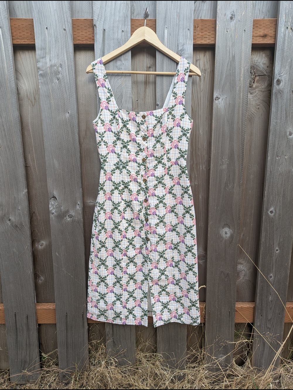 Square Neck Floral Midi Dress with Green Leaf Print and Front Buttons
